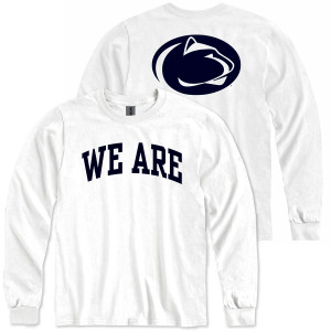 white long sleeve t-shirt with We Are on front, Penn State Athletic Logo on back